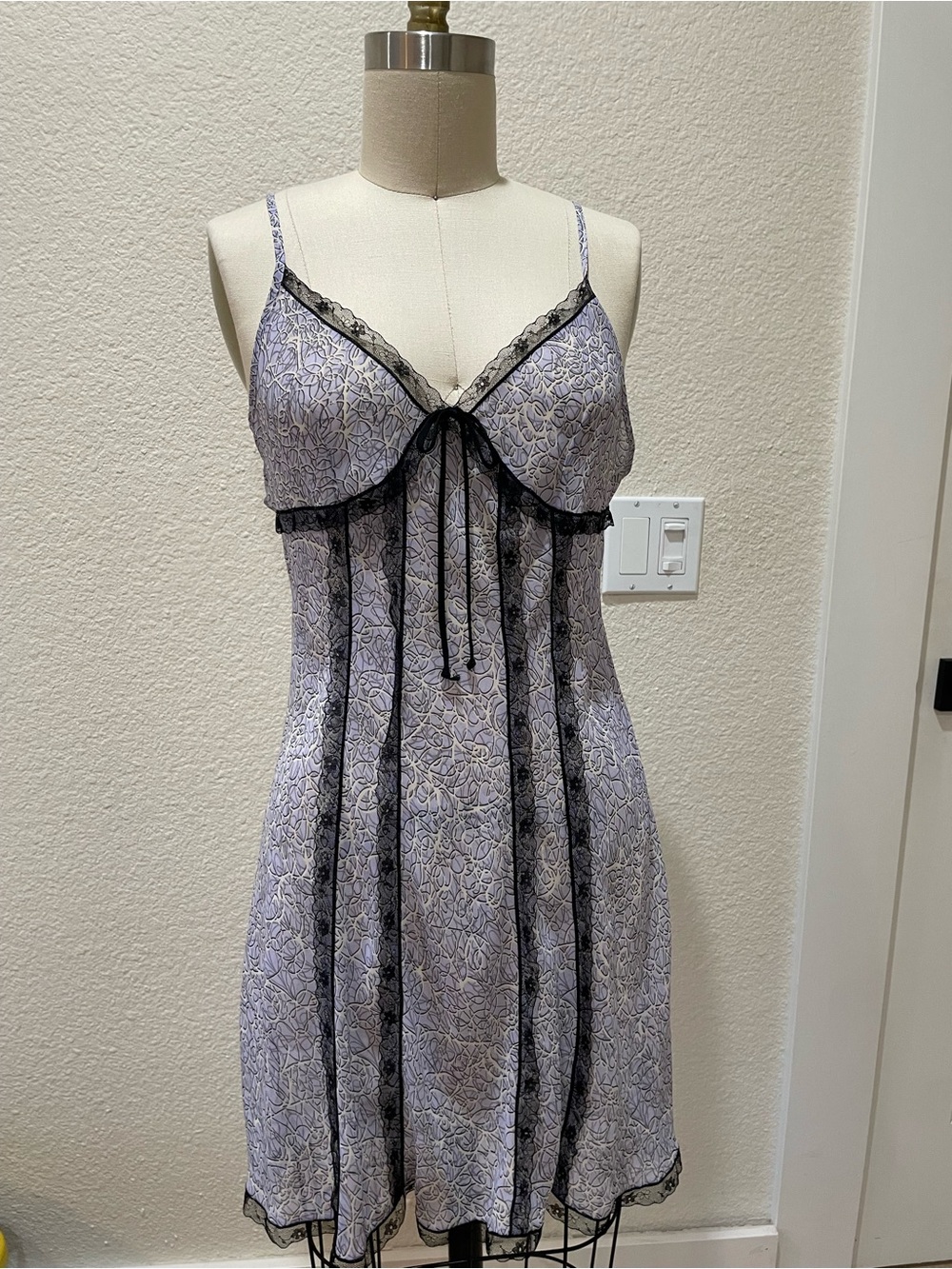 Lace-Trim Lavender Slip Chemise with Black Accents